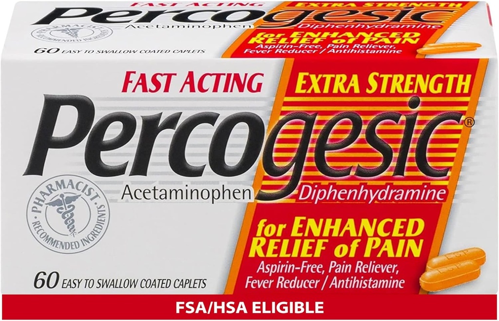 Percogesic Extra Strength Acetaminophen & Diphenhydramine Pain Relief, Fast-Acting Aspirin-Free Fever Reducer & Antihistamine, 60 Count