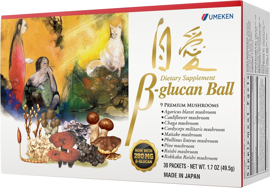Umeken Beta Glucan, Immune Boost, Mushroom Extract, Dietary Supplement, Blend of 9 Premium Mushroom Extract Packets, Easy to Take Beta Glucan Supplements, 1 Month Supply, 30 Count Box, Pack of 1