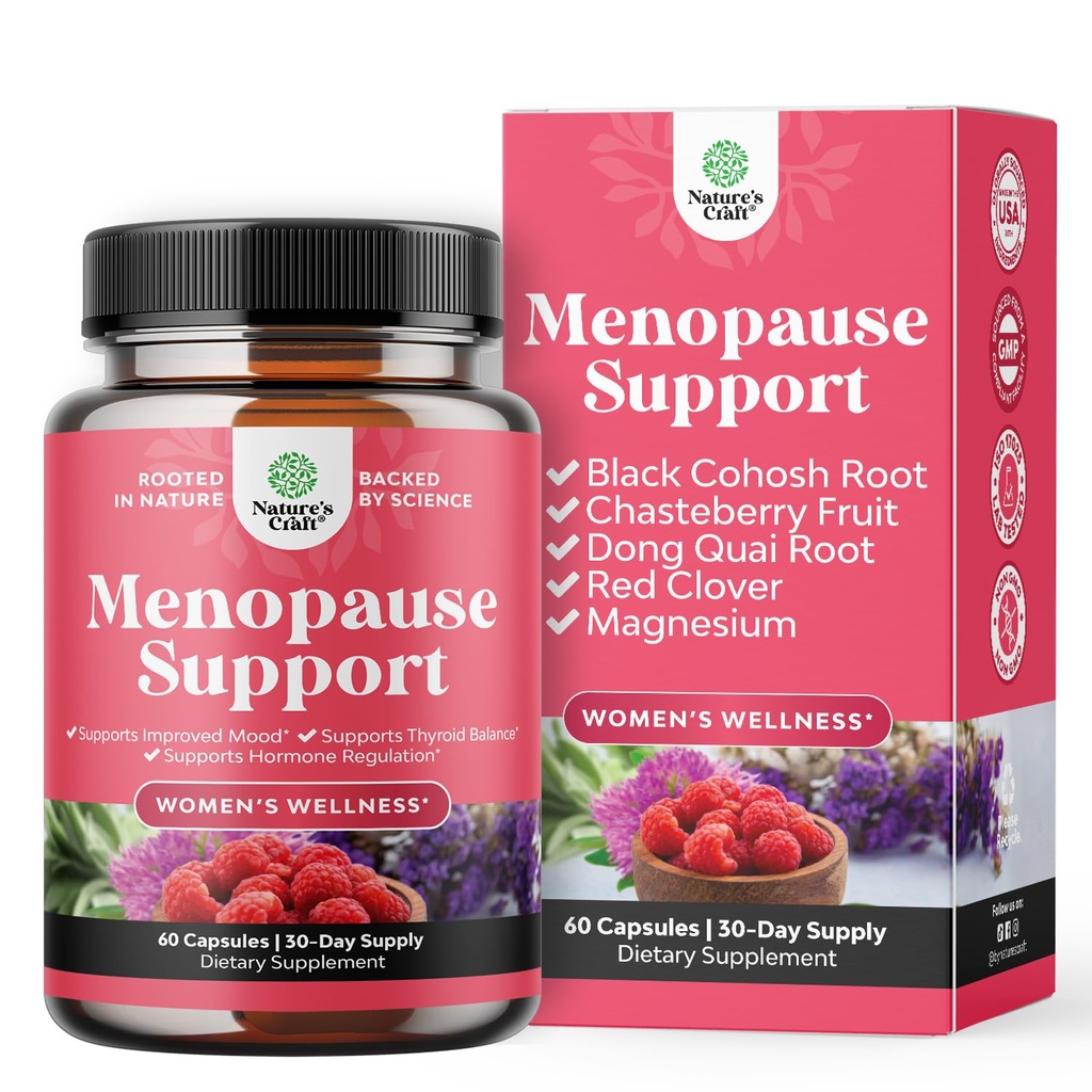 Natures Craft Complete Herbal Menopause Supplement for Women - Female Hormone Balance Capsules for Night Sweats Hot Flashes & Mood Swings with Dong Quai, Chaste Berry & Black Cohosh Root - 60 Count