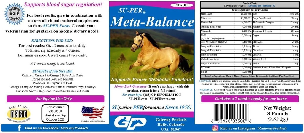 SU-PER Meta-Balance Horse Metabolic Support - Regulación del azúcar en sangre &amp; Suplemento de salud digestiva - Vitaminas y minerales de caballo, Extractos herbarios, Probióticos - 8 libras, 1 mes de suministro