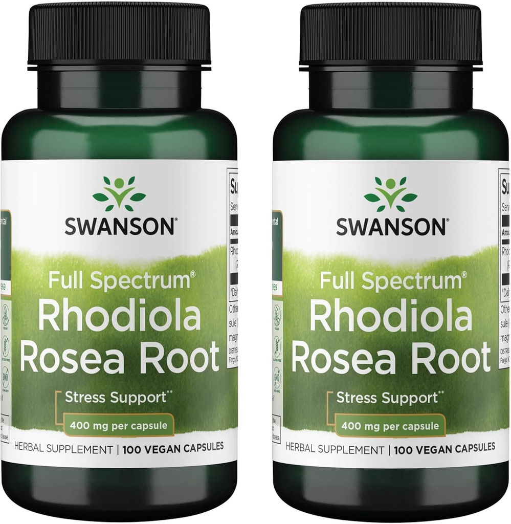 Swanson Rhodiola Rosea Root - Adaptogenic Herb Supplement Promoting Mood Balance & Stress Support - Natural Formula for Energy Support - (100 Capsules, 400mg Each) (2 Pack)