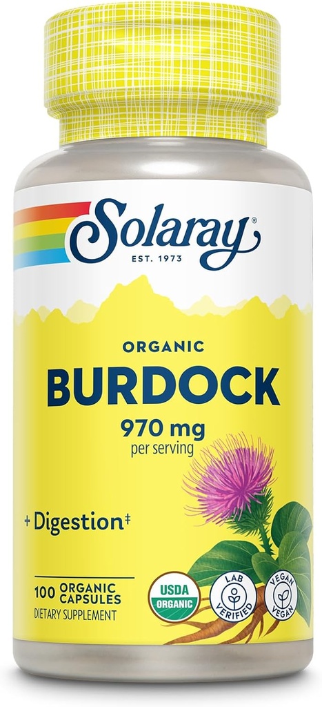 Solaray Organic Burdock Root 970 mg - Digestive Support Supplement - USDA Burdock Root Organic - Vegan, Lab Verified, 60-Day Money-Back Guarantee - 50 Servings, 100 Organic Capsules