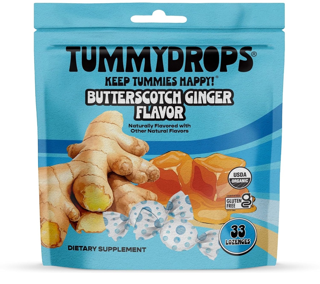 USDA Organic Butterscotch Ginger Flavor Tummydrops, Gluten Free &amp; Vegan, 33 Organic Ginger Lozenges