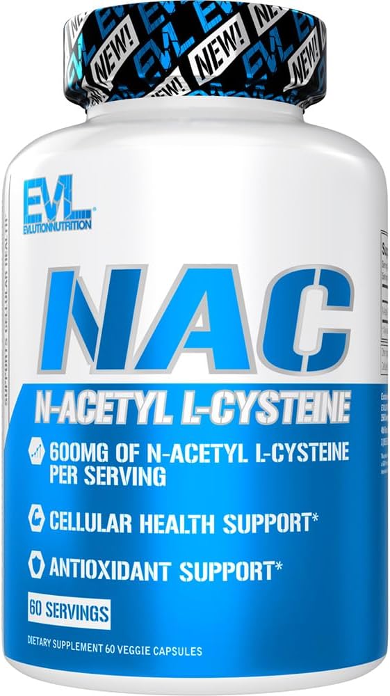 Evlution Nutrition NAC N-Acetyl L-Cysteine - 600mg N-Acetyl L-Cysteine Por Serving - Antioxidant Support - Health Support - Dietary Supplement - Vegan & Gluten Free - 60 Veggie Capsules - 60 Servings