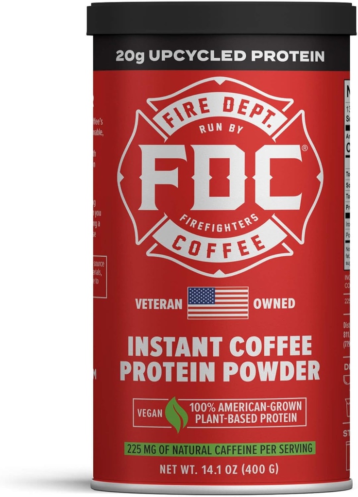 Fire Department Coffee - Da la vuelta a los bomberos - Instant Coffee Protein Powder - Plant Based Protein Powder - 100% American-Grown, Made with Upcycled Barley Protein - Veteran Owned - 14.1 oz Can