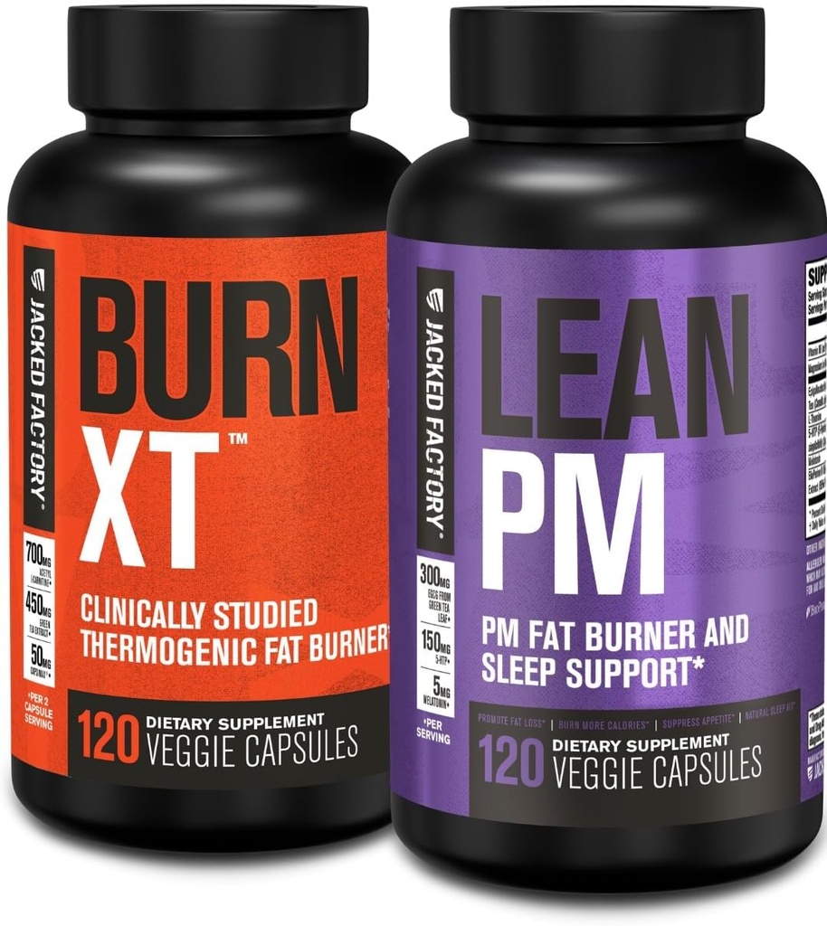 Jacked Factory Burn XT Thermogenic Fat Burner &amp; Lean PM Nighttime Weight Loss Suplemento para Hombres &amp; Mujeres 120 Veggie Diet Pills