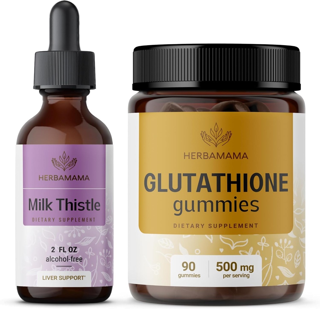 HerbAMAMA Milk Thistle and Glutathione Kit - Bundle of Milk Thistle Extract 2 fl oz & 500 mg Reducido L-Glutathione Gummies - Vegan, Non-GMO, Alcohol-Free - 2 Pack