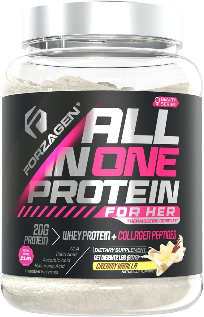 Forzagen All in One Protein for Her ← Pólvora de proteínas femeninas con péptidos de colágeno multi colágeno tóxico Hidrolyzed Collagen Suplemento, Gut Health, Great for Pre ' Post Workout Vanilla, 30+ Servicios