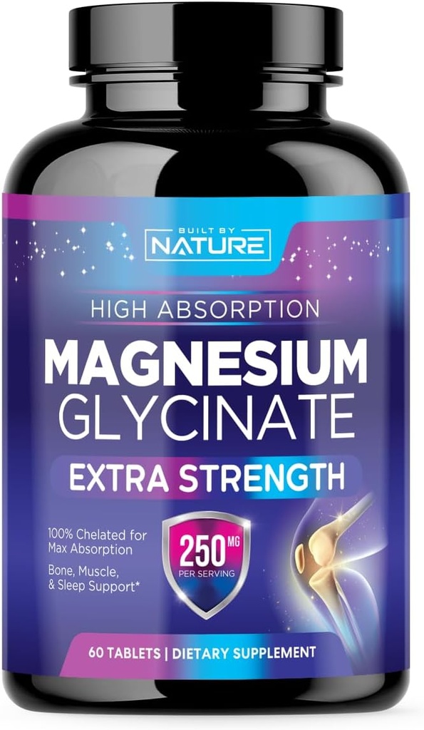Magnesio Glycinate 250mg - High Absorption Chelated Magnesium Supplement - 100% Puro Magnesium Glycinate - Stress, Sleep, Heart, and Muscle Health Support - Non-GMO, Vegan, Gluten-Free (60 Tablets)