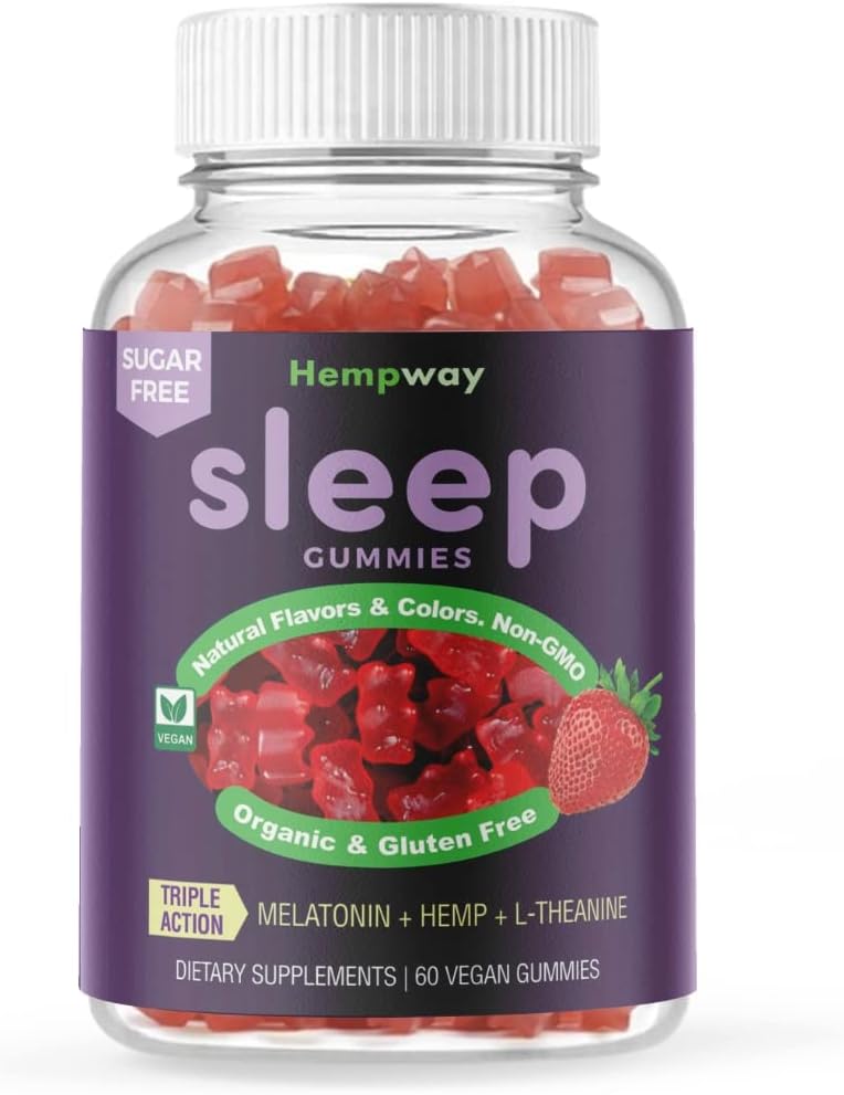 Ganchos de cáñamo para dormir l theanine Suplemento de cáñamo melatonina Triple acción - Gummies de calma para adultos y niños de melatonina - azúcar libre fresa Vegan 60 ct