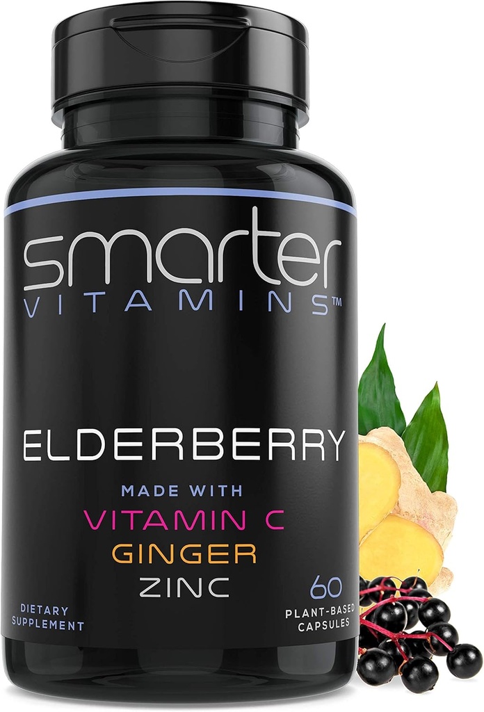 Más inteligentes cápsulas de arándano + vitamina C + jengibre &amp; zinc, suplemento herbario, potente extracto de baya de anciano negro vitamina antioxidante, 60 píldoras veganos