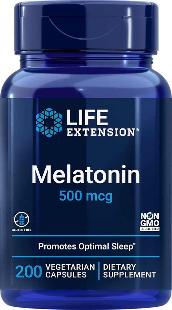 La extensión de vida Melatonina, 500 mcg – Gently Promueve el sueño, la baja dosis, el valor tamaño – No GMO, libre de gluten, vegetariano – 200 cápsulas