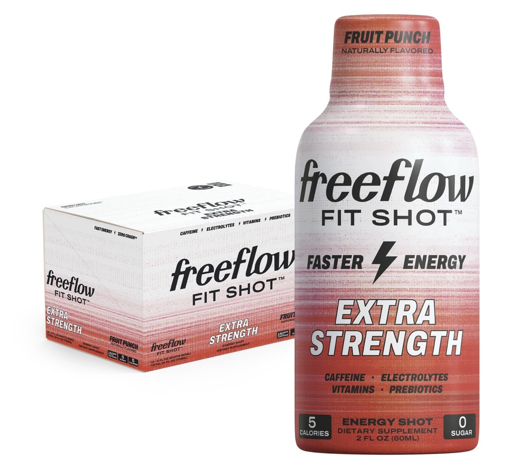 Freeflow Fit, Extra Strength Energy Shot, Fruit Punch (2 Ounce Shot, Pack of 12) - 150 mg de Caffeine Per Shot, Zero Calorie, Zero Sugar Energy Shot...