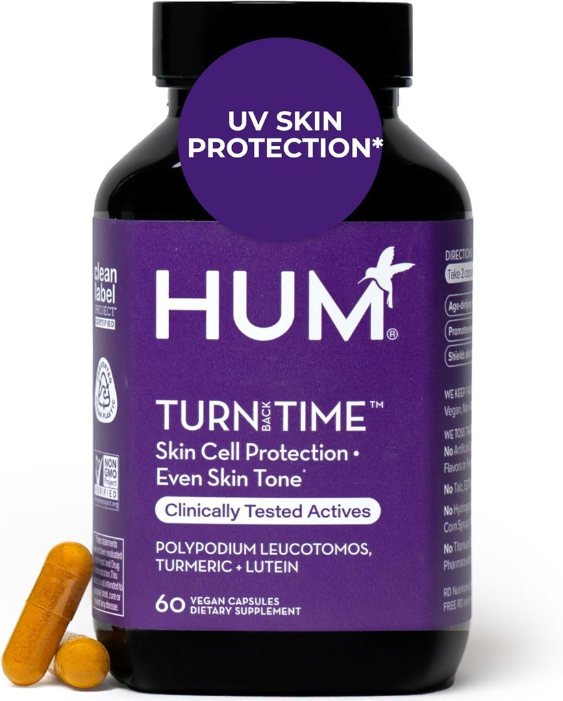 HUM Turn Back Time Turmeric Supplement for Youthful Looking Skin Support with Green Tea Extract, Lutein " Polyphenols, Skin Care Aging " Collagen Support Capsules for Even Tone, 60 Vegan Capsules
