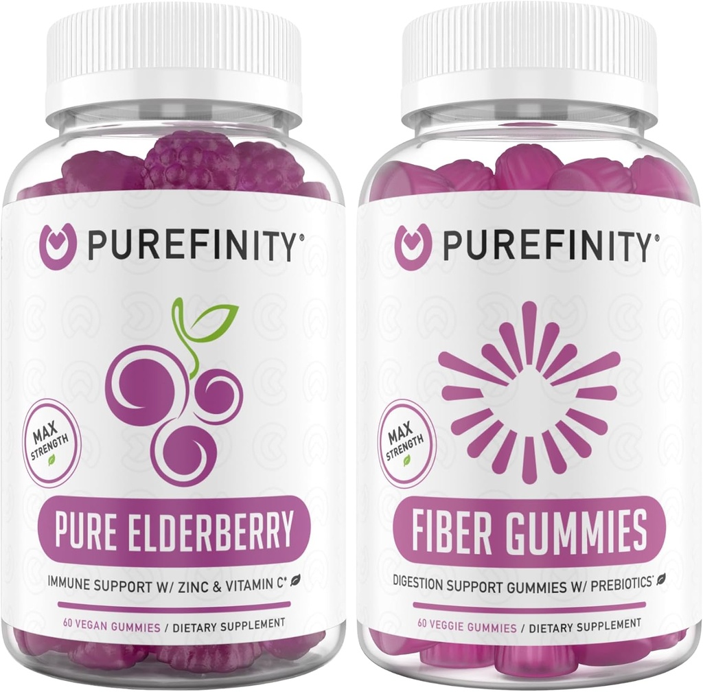 PUREFINITY Fiber + Elderberry Gummies Bundle (Inulin FOS Prebiotic Fiber Gummies + Double Strength Elderberry Gummies with Zinc & Vitamin C)