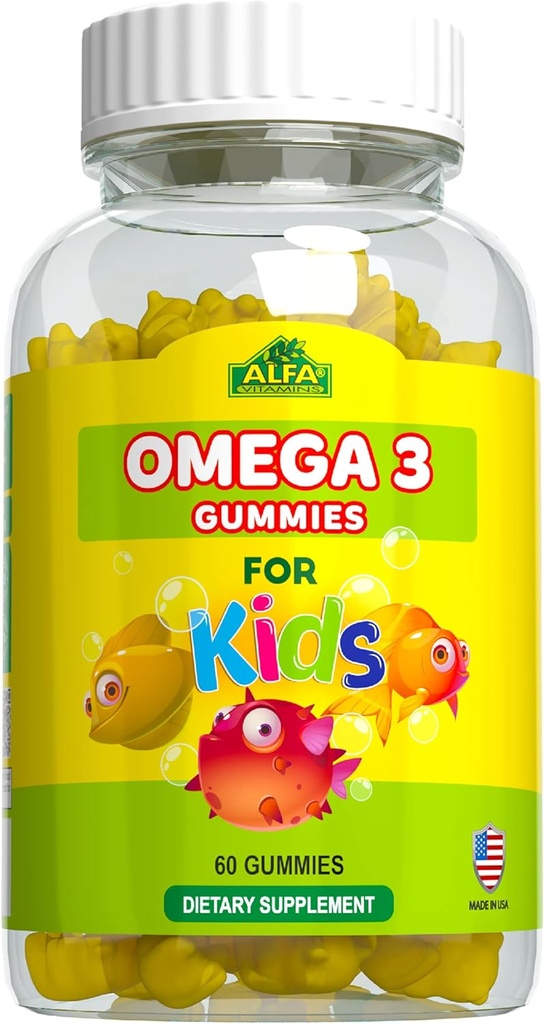 ALFA VITAMINS Omega 3 Gummies para niños, apoya el desarrollo del cerebro, la salud del corazón y la visión, fácil de masticar, Omega 3 Suplemento para niños, Orange Flavored, No Fishy Taste, 3 Gummies Daily, 60 Gummies