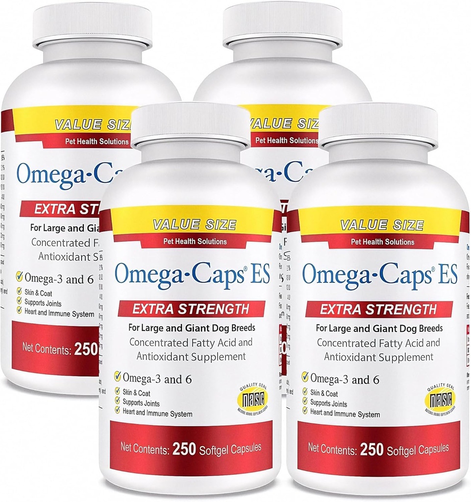Omega-Caps Extra Strength for Large Breeds-Vet Formulated for Healthy Radiant Skin & Coat While Reducing Shedding. Contains Omega 3 for Immune System Support, Easy to Dose, 1000 Soft Gel Capsules