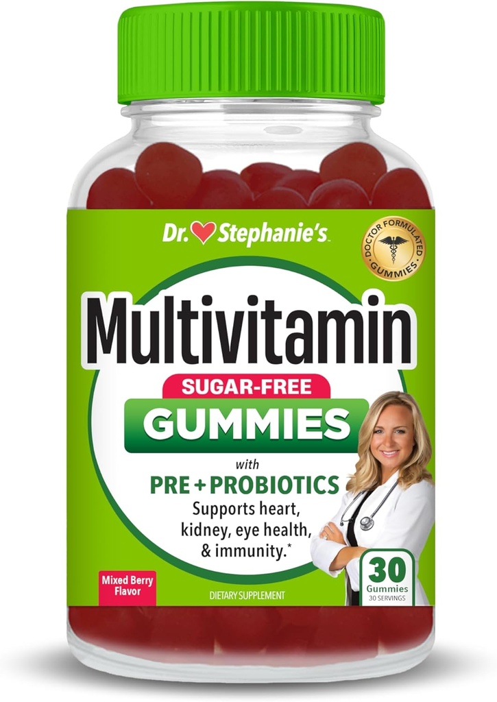 Gummies multivitamínicas del Dr. Stephanie - Libre de azúcar con prebióticos " Probióticos - Soporte diario para ojos, riñones, hígado, corazón, " Salud digestiva - sabor a baya mixta