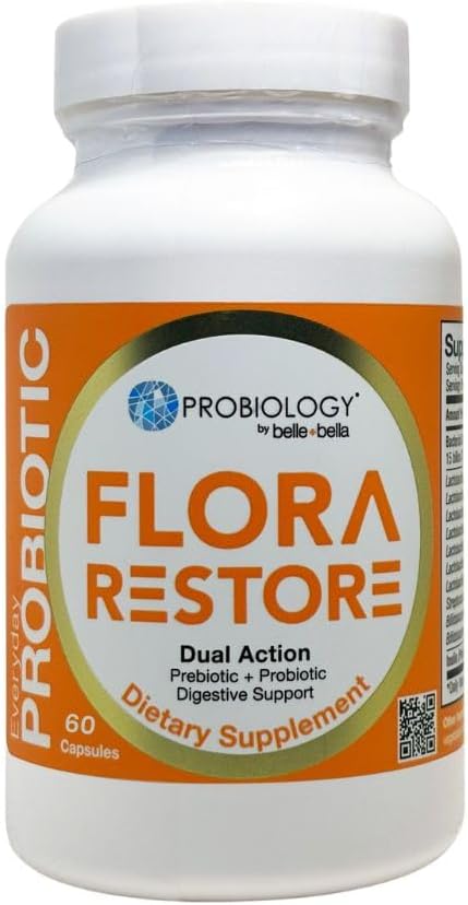 belle+bella Flora Restore Daily Probiotic - 15 Billion Live Cultures - Probiotics " Prebiotics for Digestive " Gut Health - Immune Support - Promotes Regularity - Vegan " Gluten Free - 60 Caps