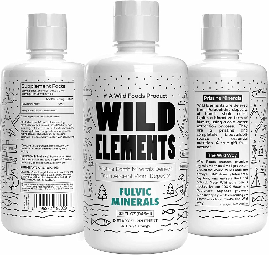 Elementos silvestres Gut Support Fulvic Acid Mineral Blend Derived from Ancient Plant Deposits, Heal Gut Lining, Mejorar la Cognición e Inmunidad, 70+ Minerales, Todo Natural, 32 oz