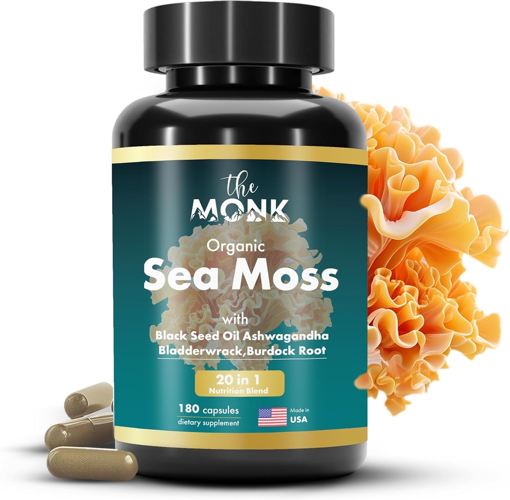 Organic Irish Sea Moss Capsules - Avance Fórmula, Raw Wildcrafted Seamoss Suplemento con Bladderwrack y Burdock Root - 180 Pills - Made in The USA