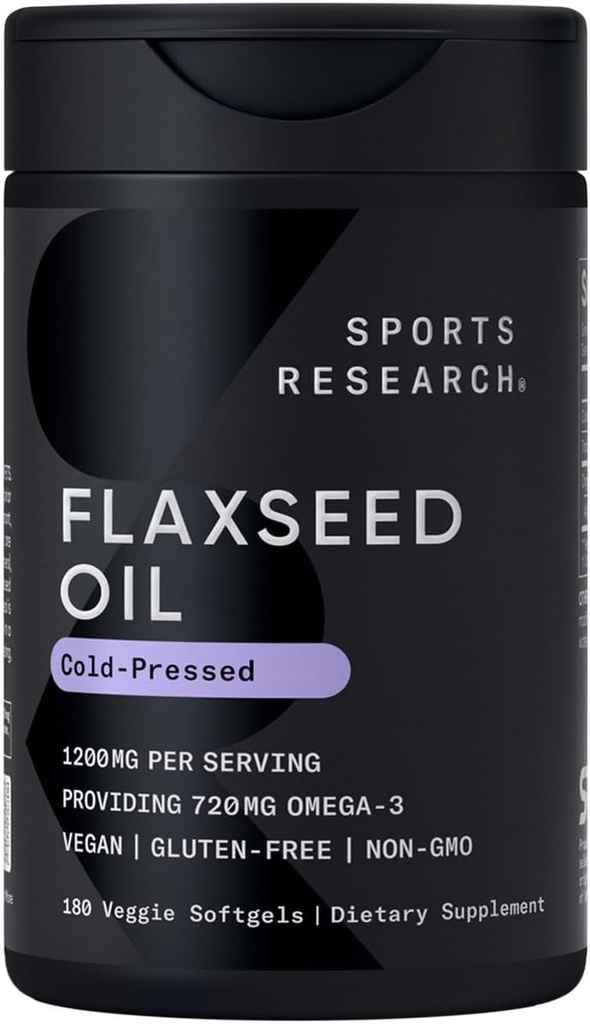 Sports Research Vegan Flaxseed Oil (1200mg) Herbal Suplemento con ALA Omega 3 - Vegan Certified " Non-GMO Verified - Gluten, Soy " Carrageenan Free (180 Veggie Softgels)