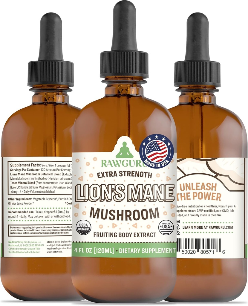 RawGuru Lion's Mane Mushroom Tintura - Mane Mane Extract de Vegan Lion con Trace Minerals - Nano-procesado Inmunity Boost & Cognitive Supplement - 120 Servings of Vegan Drops per 120 ml, Pack of 1