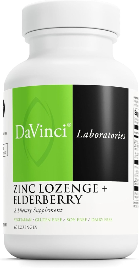 DAVINCI Labs Zinc Lozenge + Elderberry - Suplemento de Apoyo Sistema Inmunitario, Pulmones saludables y tejidos de garganta* - con Vitamin D3, Zinc, Elderberry &amp; More - Lemon Flavor - 60 Lozenges