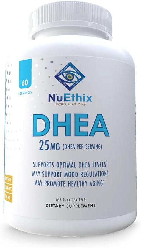 NuEthix Fórmulas DHEA 25mg Suplemento para Hombres de Mujeres, Incluye extracto de pomelo, mejorada DHEA Apoyo hormonal, mejora de la biodisponibilidad, libre de azúcar, libre de gluten, no transgénico, 60 servicios