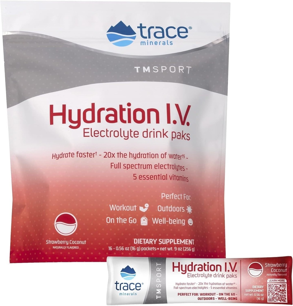 Trace Minerals Ø Hydration I.V. Electrolytes Powder Packets TEN Full Spectrum Recovery Mineral Mix for Rapid Rehydration, Natural Energy and Muscle Stamina ← Strawberry Coconut ← 16 Travel Packs