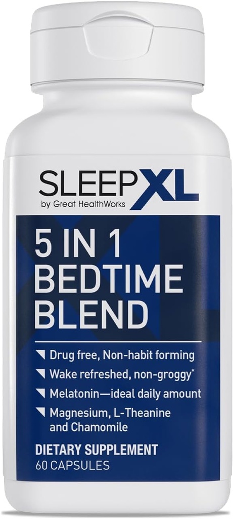 SleepXL Sleep Supplement Non-Habit-Forming Fórmula - Fall Asleep Faster & Sleep Longer - 5 ingredientes clave incluyen Melatonina, L-Theanine, Chamomile, Magnesium & Vitamin B6 (60 Capsules, 30 Servings)