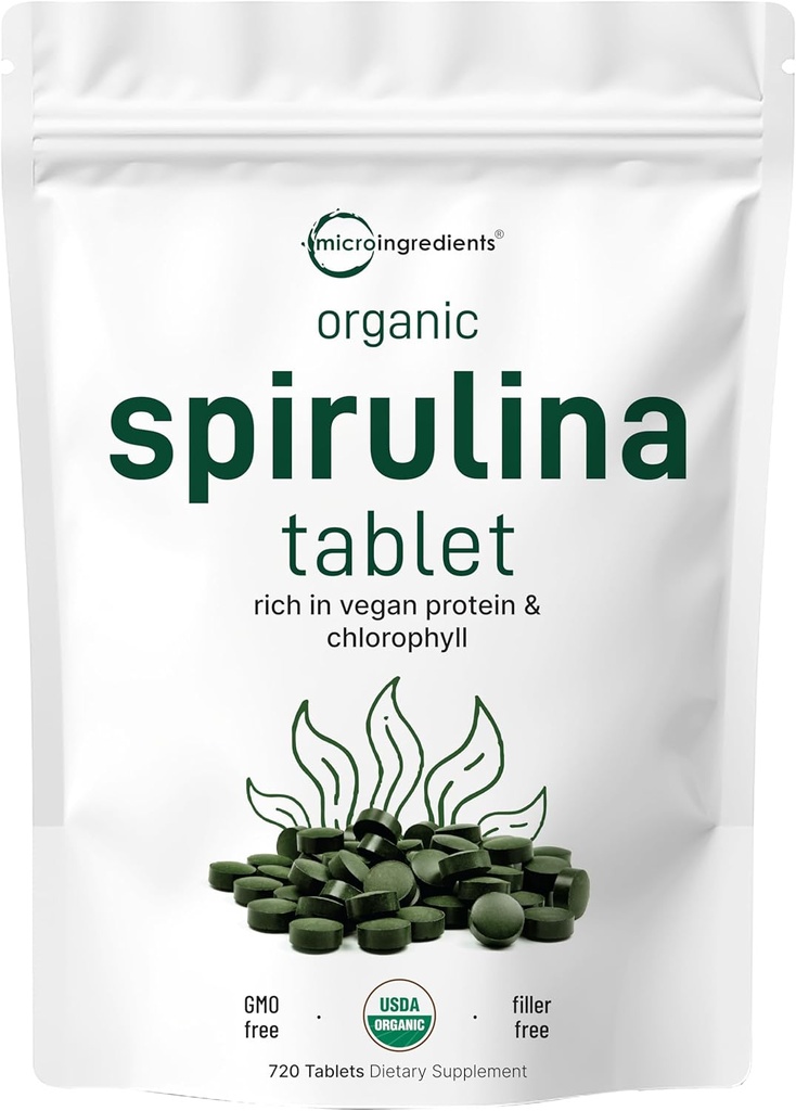 Micro Ingredientes Suplemento Espirulina Orgánica, 3000MG Por Serving, 720 Tabletas (4 Mes de Suministro), No Filler " Non-GMO, Rich in Vegan Protein, Vitaminas " Prebióticos, Píldoras de Espirulina Premium