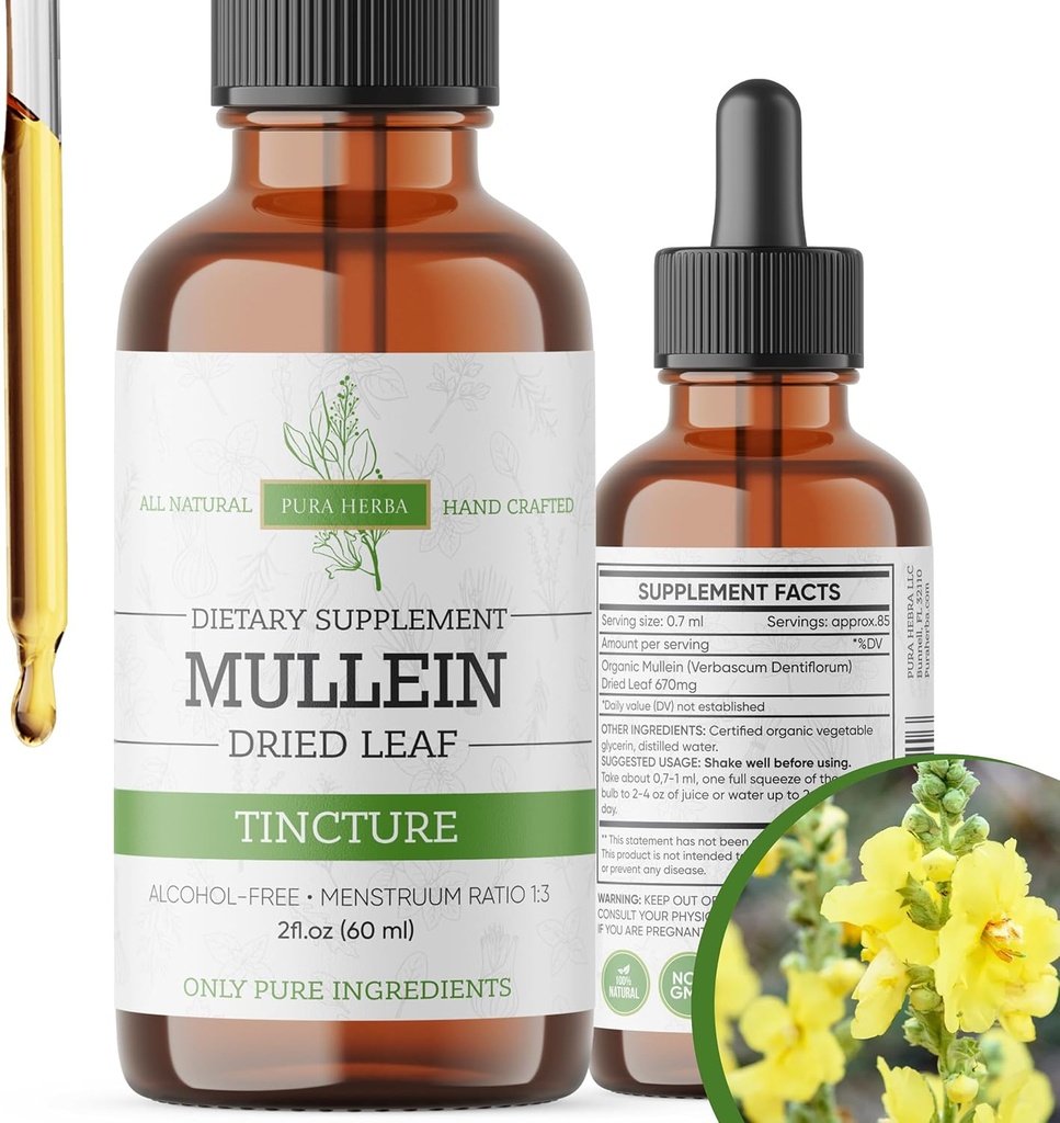 Mullein Tincture – Las gotas de Mullein Orgánica para el soporte pulmonar y bienestar respiratorio – Hecho en EE.UU. – 2 Fl Oz