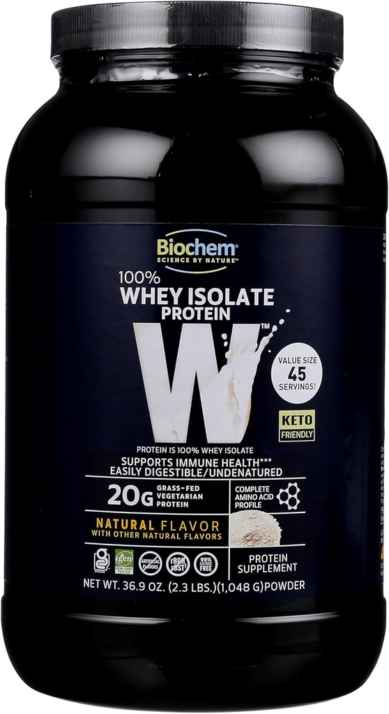 Biochem 100% Whey Isolate Protein - Natural Flavor - 20g de Proteína - Pre &amp; Post Workout - Meal Replacement - Keto-Friendly - Fácil de digerir - Silky Smooth Taste - Fácil de Mezclar (36.9 oz)