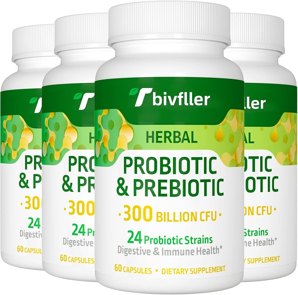 Probióticos para Mujeres Hombre- 300 Billones CFU, 24 Strains Probiótico+15 Hierbas Orgánicas Prebióticos Blend, Pre y Probióticos, para Salud Digestiva, Immune & Gut, Diarrea, Bloating, Vegan, 8 Month Supply