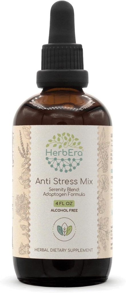 Anti Stress Mix B120 Extracto libre de alcohol Tintura, Eleuthero Root, Rhodiola Root, Schisandra Berry, Gotu Kola Herb, Holy Basil Herb. Serenity Blend: Adaptogen Formula 4 Fl Oz