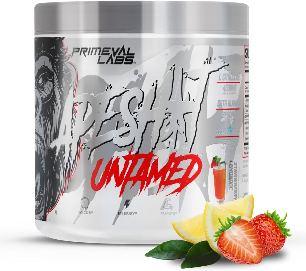 Laboratorios Primeval Ape Untamed Pre Workout Energy Drink Powder, 40Servings Strawberry Lemonade, Max Support for Pumps & Focus, Mayor rendimiento, producción de óxido nítrico con L-Citrulline, Beta Alanine