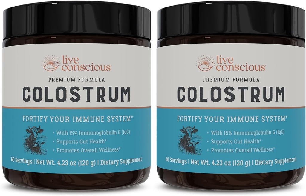 Conscious Colostrum Powder - Grass Fed Bovine Colostrum Suplemento con Lactoferrina para Absorción de Hierro - Immune System Supplement (2-Pack)