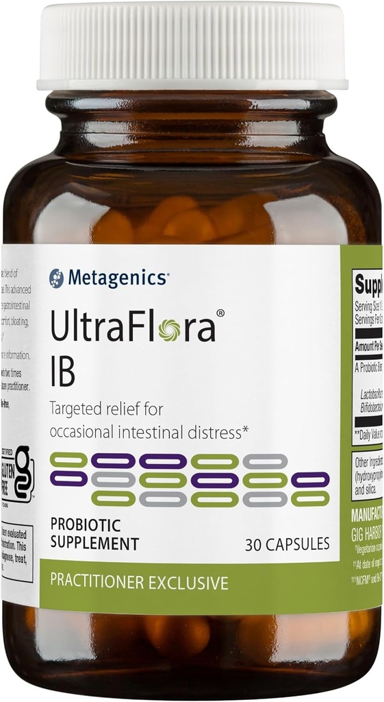 Metagenics UltraFlora IB - Alivio para la enfermedad intestinal ocasional* - Probióticos para la salud digestiva* - Anti-Bloat for Men &amp; Women* - 60 Billion CFU - Non-GMO, libre de gluten, vegetariano - 30 cápsulas