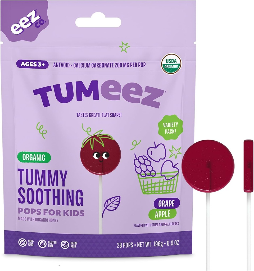 Tumeez Lollipops orgánicos para Upset Stomach Relief, Vaiety Pack Perfecto para la indigestión, Heartburn y Más Mientras que Tasting Great, Grape & Apple Flavors, 28 Conde
