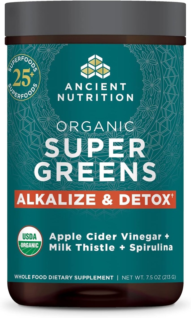 Nutrición antigua Supergreens Alkalize " Detox Powder, orgánico Superfood Powder Hecho de Frutas Reales, Verduras y Herbs, para el apoyo digestivo y energético, 25 Servings, 7.5oz
