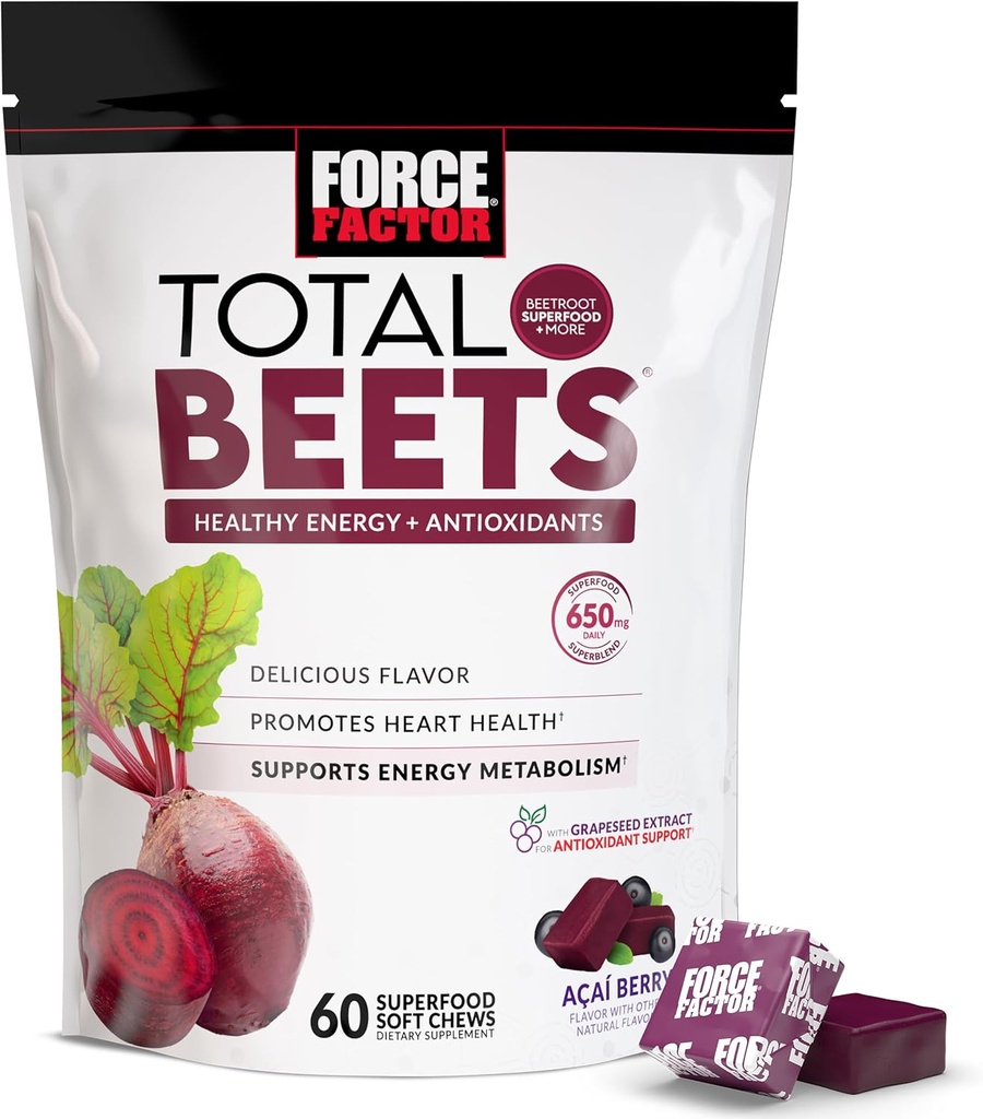 Factor de fuerza Hojas suaves con Beetroot, Nitrates, L-Citrulline, Extracto de Grapeseed y Antioxidantes, Suplemento de energía saludable con ingredientes de élite, Superalimentos de salud cardíaca, 60 Chews