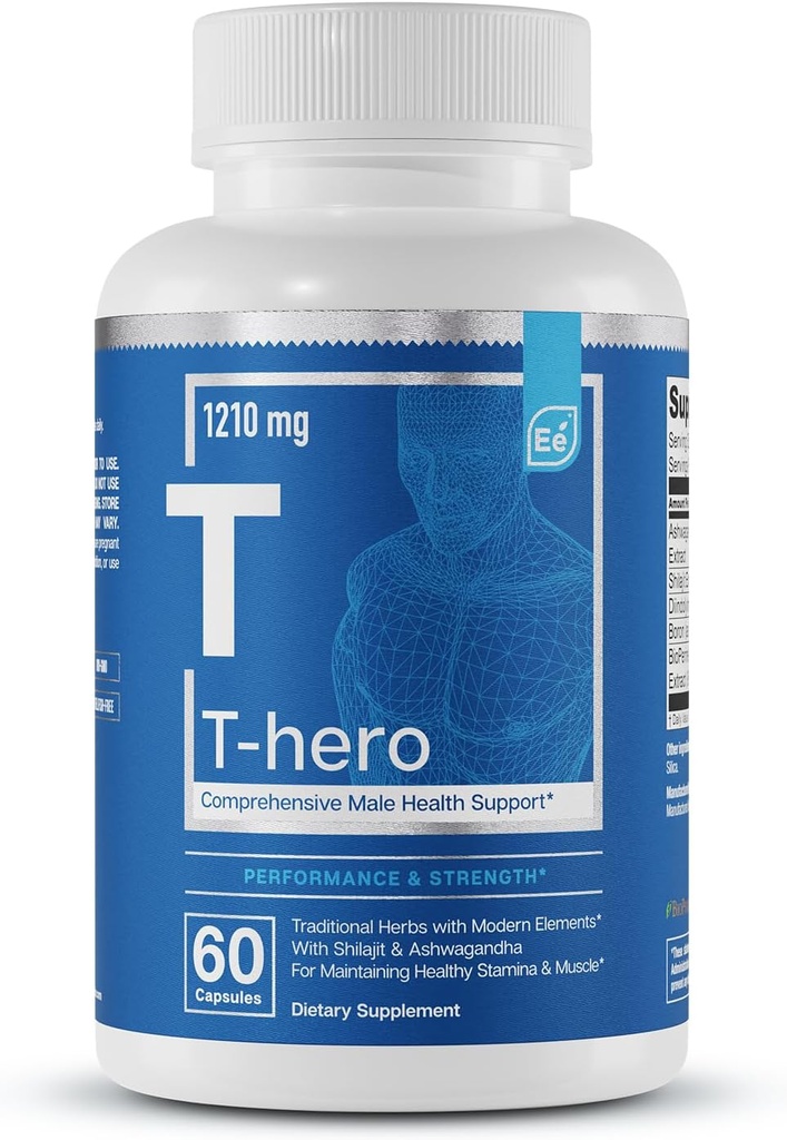 Elementos esenciales T-Hero - Soporte diario de testosterona para hombres - promueve la vibración " Drive - con Ashwagandha, Shilajit, Boron, DIM - 60 Cuenta - 30 Servimientos
