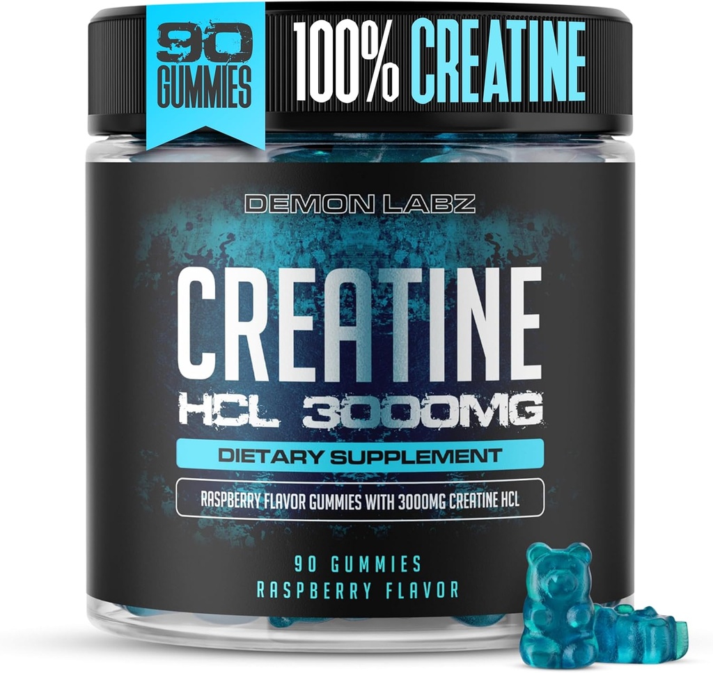 Creatine HCL 3000mg Por Serving - Raspberry Flavour - Vegan Gummies (90 Cuenta (Pack of 1), Raspberry)