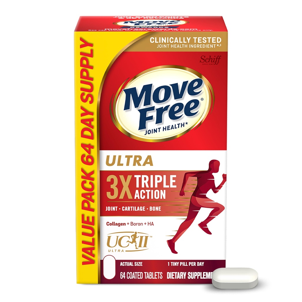 Mover libre ultra triple acción conjunto de apoyo Suplemento - Tipo II Collagen Boron " Hialuronic Acid - Soportes Conjunto Comfort, Cartiliage " Huesos en 1 Tiny Pill Por Day, 64 Tablets (64 porciones)*