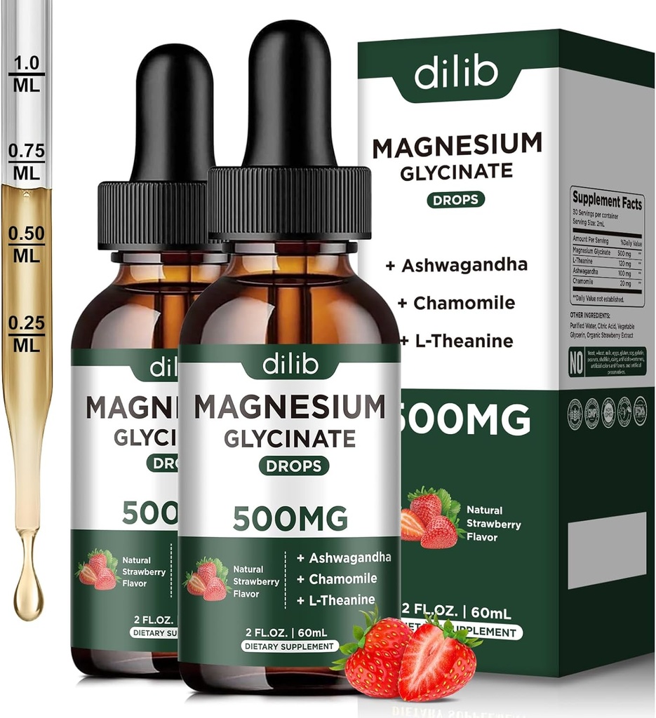 Magnesium Glycinate Liquid Drops Supplement, with Magnesium Glycinate 500mg Ashwagandha, L - Theanine, Chamomile -Support Stress Relief, Bone, Muscle, Mood Strawberry Flavor 2Pack