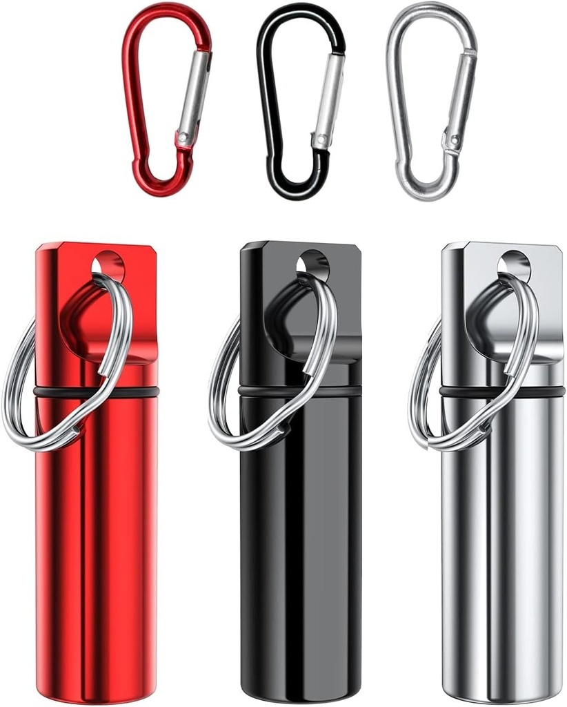 Pequeña caja de la pila de bolsillo Keychain (3 Pack), Aleación de aluminio Portable Mini Pill Organizer Case Container for Purse,Waterproof Metal Pill Holder Medicine Bottle for Outdoor Camping Trave
