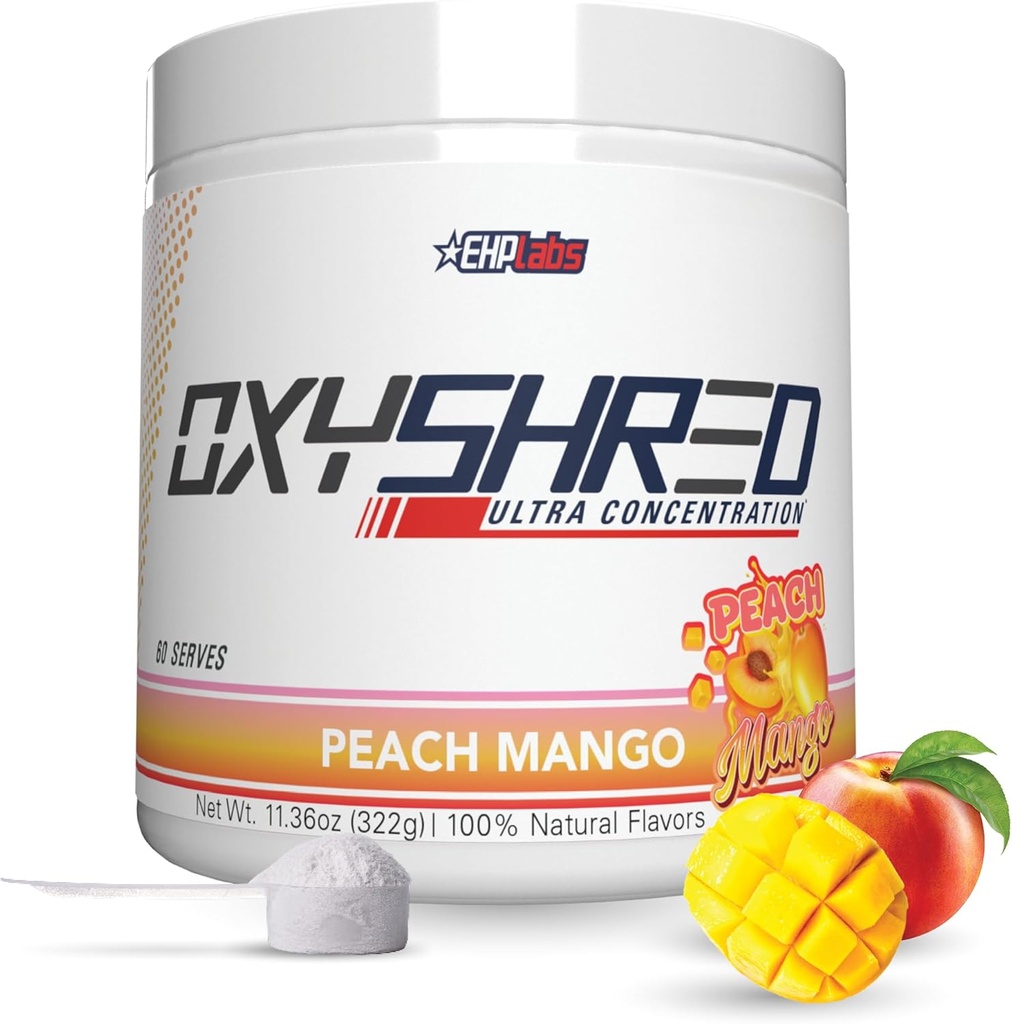 EHP Labs OxyShred Pre Workout Powder - Preworkout Powder con L Glutamine &amp; Acetyl L Carnitine, Energy Boost Drink - Peach Mango, 60 Servings