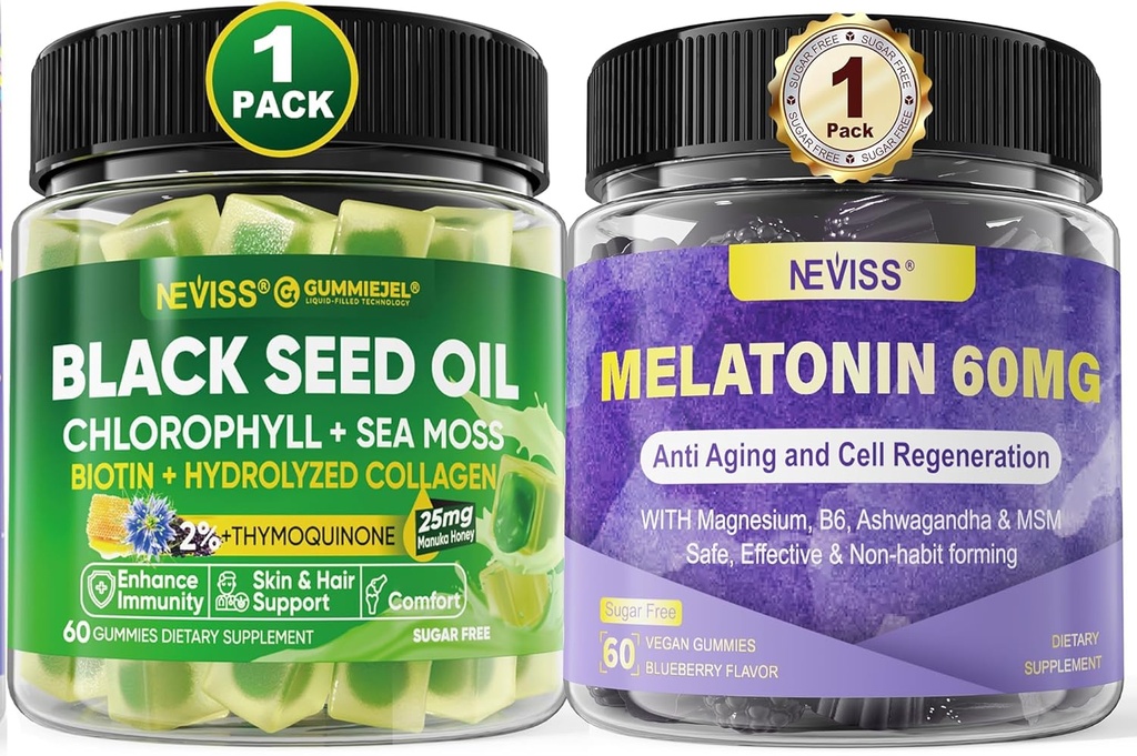 NEVISS Melatonin 60mg Gummies + Mangas de aceite de semilla negra