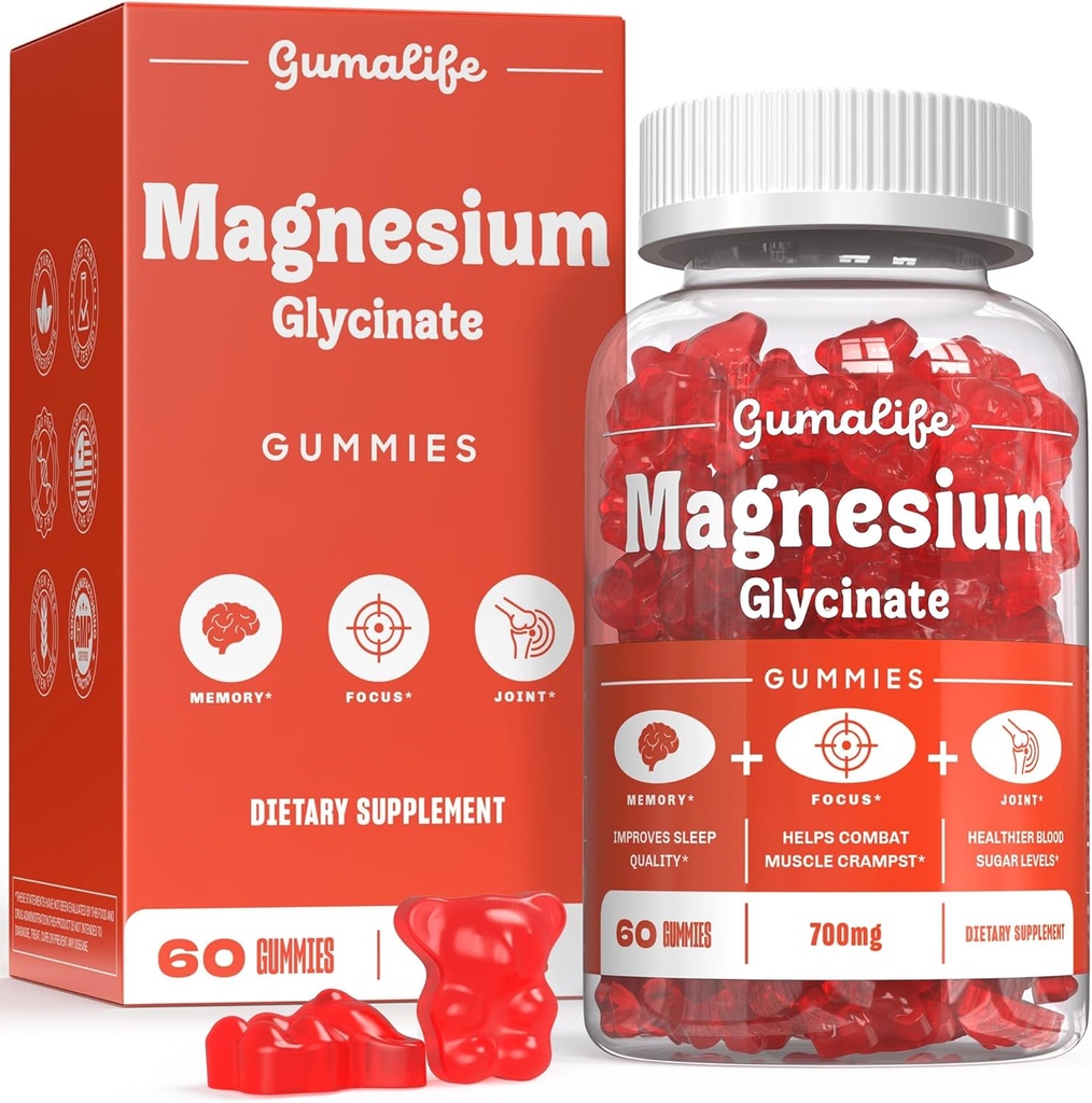 Gumalife's 700mg Magnesium Glycinate Gummies Enhance Relax, Ofreciendo una combinación sin azúcar de Nutrientes Beneficiales. Cada Caja Contiene 60 Cuentas (60 Cuentas, Boysenberry)